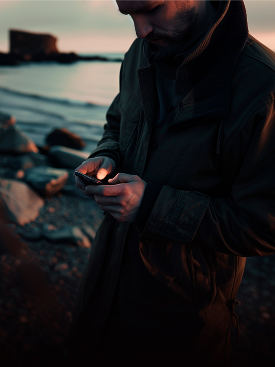 Person mit Mantel steht am Strand und nutzt ein Smartphone.